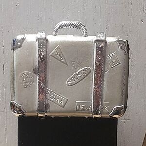 Vtg 1980s Suitcase London Paris Rome LA NYC TRAVEL Sticker Silver Tone Brooch